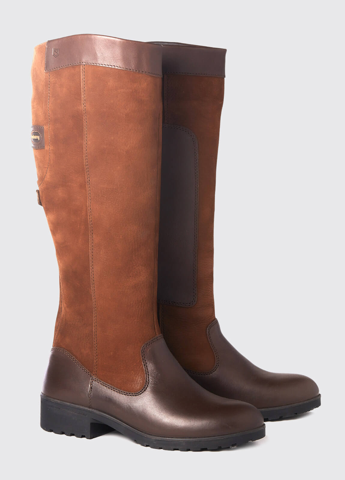 A pair of walnut brown Dubarry Clare leather country boots, knee high length with leather protection pad on inside leg