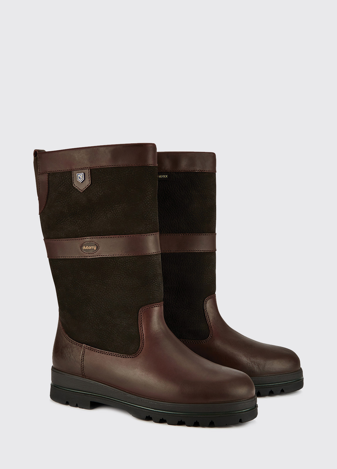 A pair of Dubarry Donegal Country Boot, black and brown leather ski style boot with finger pull