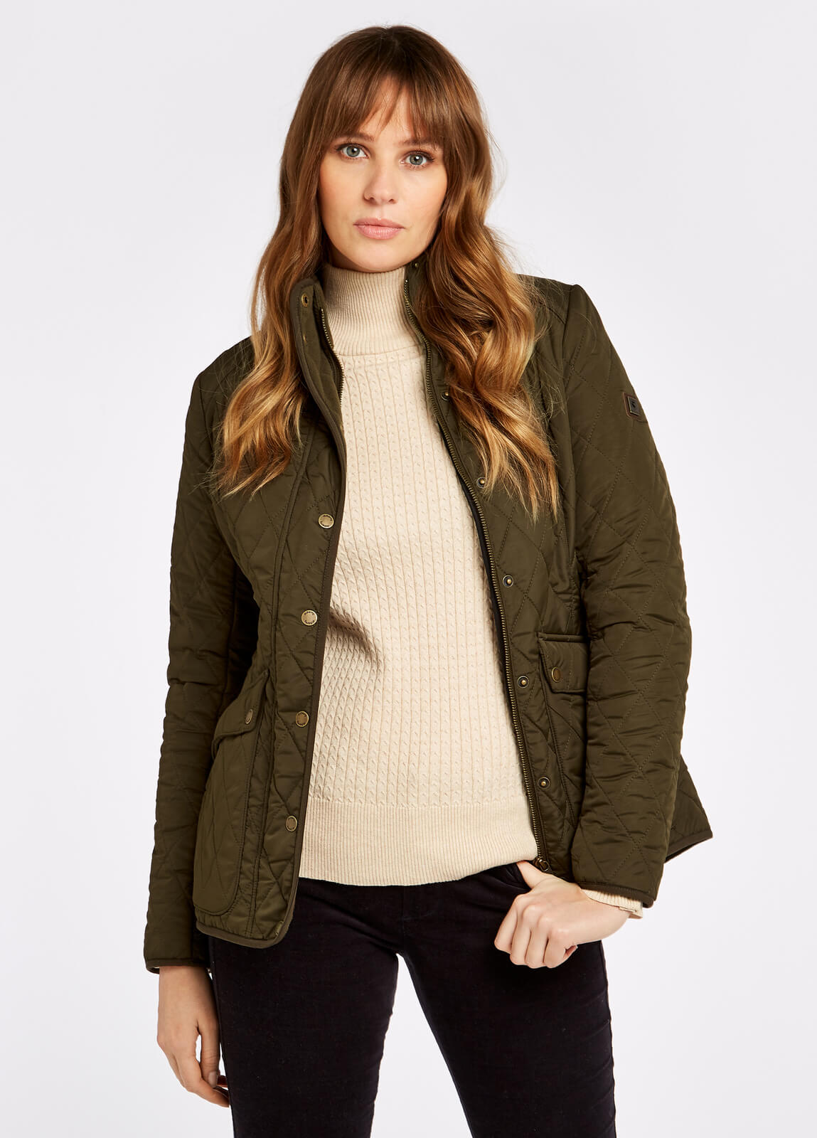 Dubarry_Bettystown_Quilted_Coat_Olive_on_model