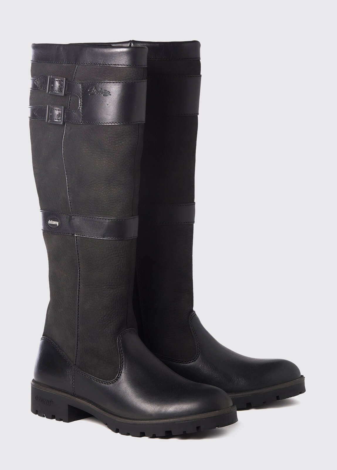 Pair of Dubarry Longford country boot, knee high black leather heeled boots with buckles