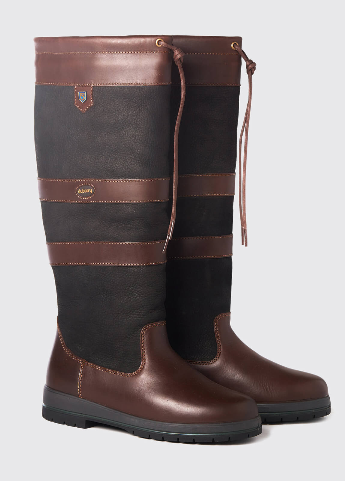 Wider calf fitting Dubarry knee-high black and brown leather Galway Country Boot with laced top